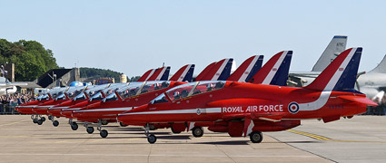 All eleven Red Arrows BAe Hawk T.1 aircraft (including team manager and engineering officer) draw into line after arriving at the show on Saturday morning.