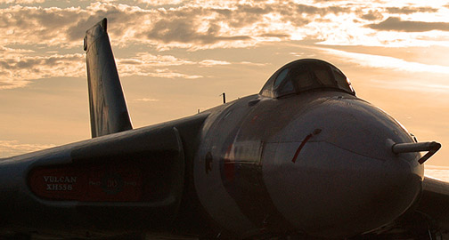 Vulcan Dawn – Vulcan B.2 XH558 still in shadow as the sun rises on Saturday morning to burn off the last of the cloud for a day of blue skies.