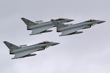 The three-ship Typhoon FGR.4 flypast carried out by 6 Squadron during the closing Sunset Ceremony was unique to Leuchars Airshow 2011