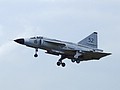 The distinctive double delta of the SAAB Viggen as AJS 37 7/52 of the Swedish Air Force Historic Flight comes in to land