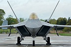 U.S. Air Force F-22A Raptor with all bay doors opened head-on shot