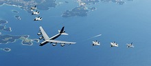 U.S. and Italian Air Forces aircraft consisting of F-35 Lightning IIs, F-16 Fighting Falcons, and a B-52 Stratofortress, fly in formation over the Adriatic Sea during Astral Knight 19, June 4, 2019. <br>(U.S. Air Force photo by Staff Sgt. Joshua R. M. Dewberry)
