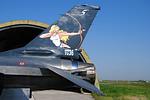 F-16A M.M.7246 tailart of 5° Stormo's insignia, the hunting goddess Diana. Note the Lockheed logo.