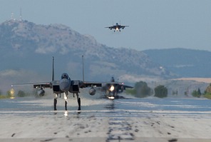 USAF 493rd FS F-15C/D Eagles landing at Larissa air base
