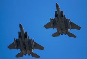 USAF 493rd FS F-15 Eagles over-flying the runway
