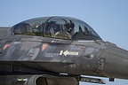 Close-up of the F-16D as the pilot waves to the photographer