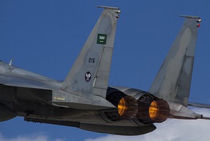 Close-up of the afterburning as the RSAF F-15C Eagle 215 takes off